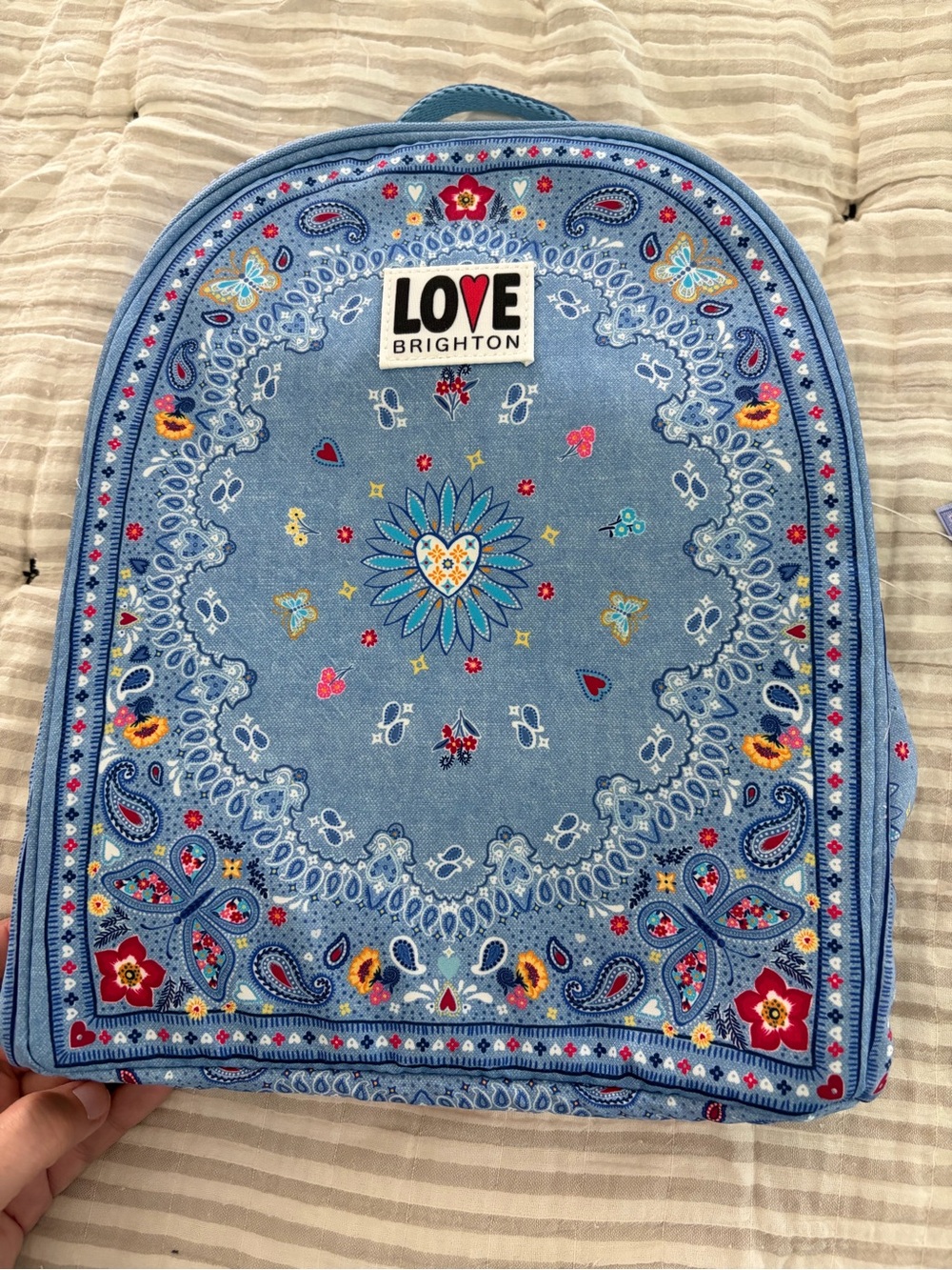 Brighton Blue Paisley Floral Backpack Purse with LOVE Patch